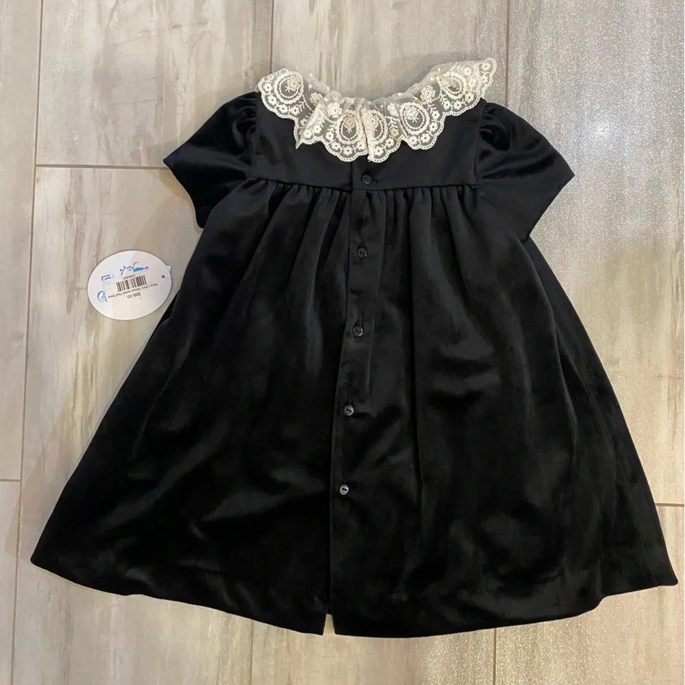 NWT Luli & Me Heirloom Lace Deluxe Black Velvet Float Dress & Bloomers girls 24M